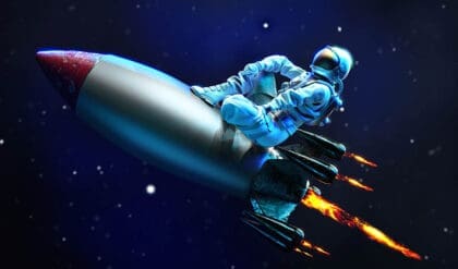 Astronaut travels in space sitting on the flying missile, 3D illustration - SpaceX is one of Elon Musk's Companies
