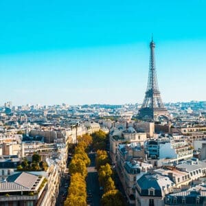 Cityscape of Paris under the sunlight and a blue sky in France