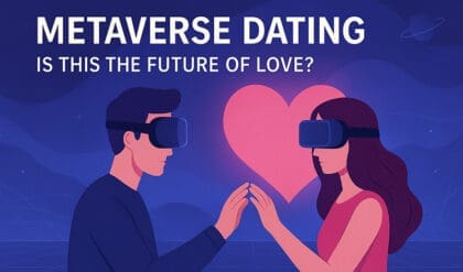 Infographic titled “Metaverse Dating – Is This the Future of Love?” illustrating key points such as immersive experiences, global connections, avatar-based interaction, and challenges like privacy concerns, emotional disconnection, and digital addiction.