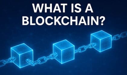 A digital graphic with glowing blocks connected by chains, symbolizing blockchain technology. The background is blue, and the title "What Is a Blockchain?" appears at the top in white bold letters.